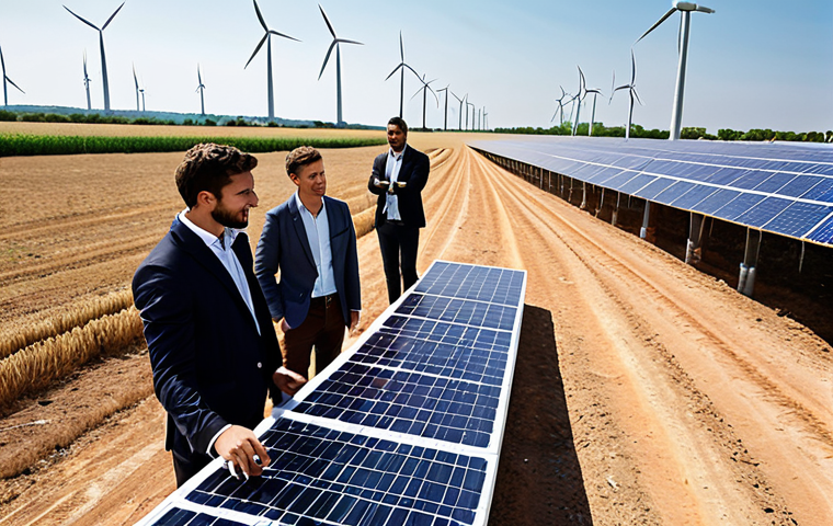 **
> A diverse group of young professionals collaborating on a sustainable energy project, showcasing solar panels and wind turbines in the background. The image should convey innovation, teamwork, and a bright, eco-friendly future in Italy. Focus on realistic details and positive energy.
**