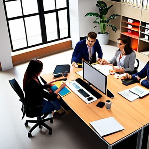 Home 18 **
Prompt: A modern, vibrant office space with diverse professionals collaborating on digital projects. Emphasis on teamwork and learning. Overhead shot. Warm, inviting lighting. Keywords: digital marketing, career change, transferable skills, teamwork, collaboration, professional development. Italian setting.
**