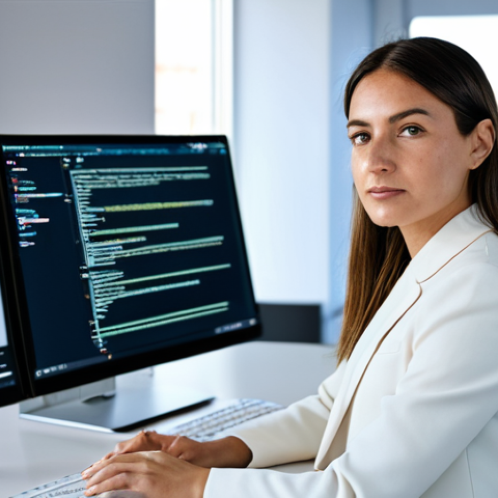 A professional Prompt Engineer, a woman, wearing a modest business blazer and trousers, seated at a sleek white desk in a contemporary, sunlit tech office in Italy. Her focused expression is directed at a large monitor displaying complex AI-generated text and code snippets. The background features blurred modern office decor. fully clothed, appropriate attire, safe for work, perfect anatomy, correct proportions, natural pose, well-formed hands, proper finger count, natural body proportions, professional photography, high quality, family-friendly.