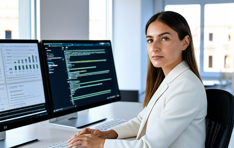 A professional Prompt Engineer, a woman, wearing a modest business blazer and trousers, seated at a sleek white desk in a contemporary, sunlit tech office in Italy. Her focused expression is directed at a large monitor displaying complex AI-generated text and code snippets. The background features blurred modern office decor. fully clothed, appropriate attire, safe for work, perfect anatomy, correct proportions, natural pose, well-formed hands, proper finger count, natural body proportions, professional photography, high quality, family-friendly.
