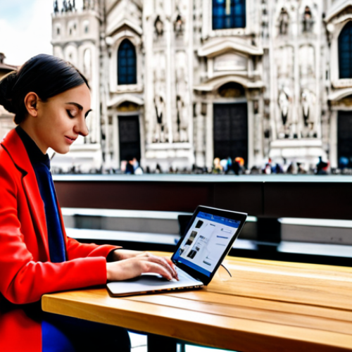Freelance Digital Marketer in Milan**

"A professional freelance digital marketer, fully clothed in stylish yet modest Italian fashion, working on a laptop at a cafe in Milan with the Duomo in the background, safe for work, appropriate content, perfect anatomy, correct proportions, well-formed hands, professional photography, natural pose, family-friendly, vibrant colors, modern aesthetic."

**
