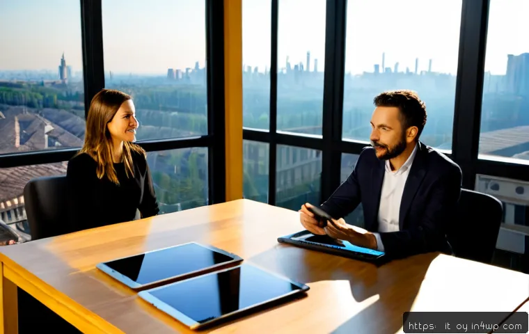 Home 12 신흥 직업군의 현업 전문가 인터뷰 - Photorealistic editorial scene of an Italian podcast journalist interviewing a renewable energy tech...